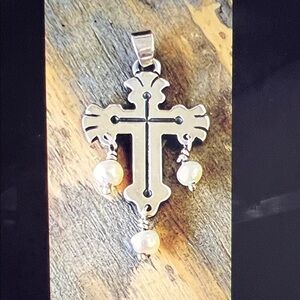 James Avery retired cross pendant with 3 pearl drop dangles.
